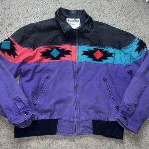 VTG Pioneer Wear Southwestern Jacket Aztec Print Bomber Leather Collar Womens L